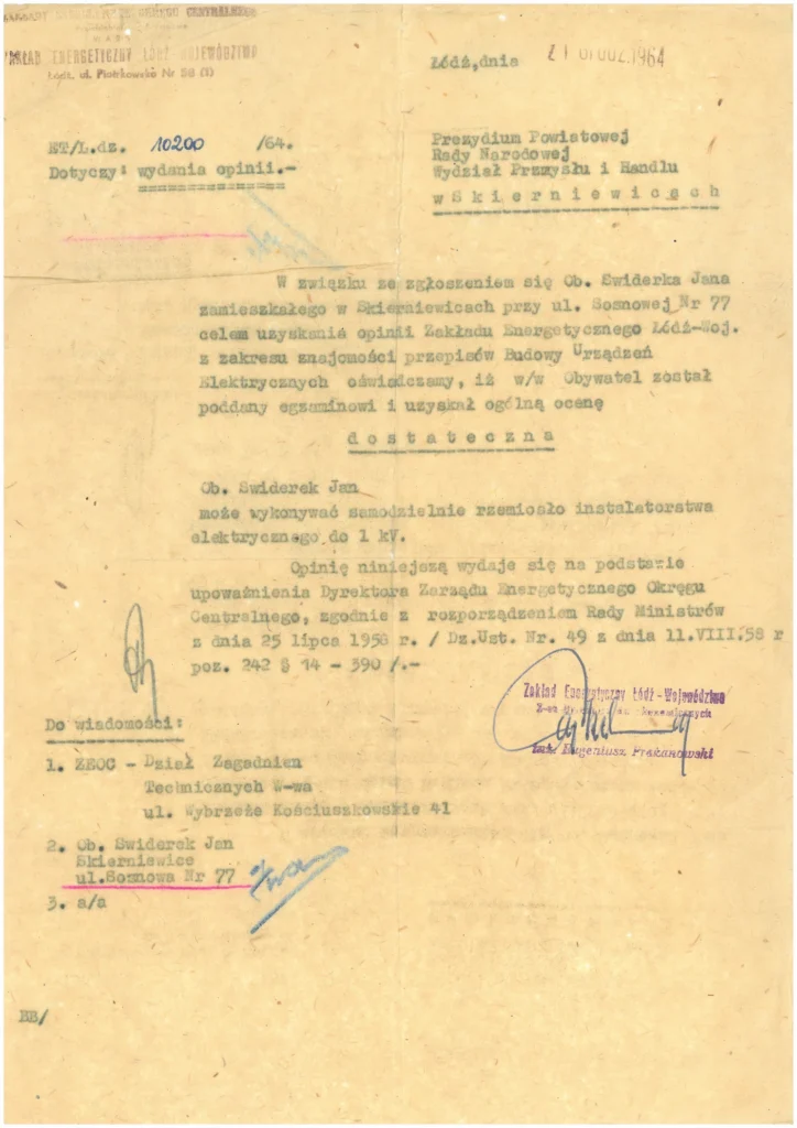 Opinia z 1964 roku zezwalająca Janowi Świderkowi wykonywać instalatorstwo elektryczne do 1 kV