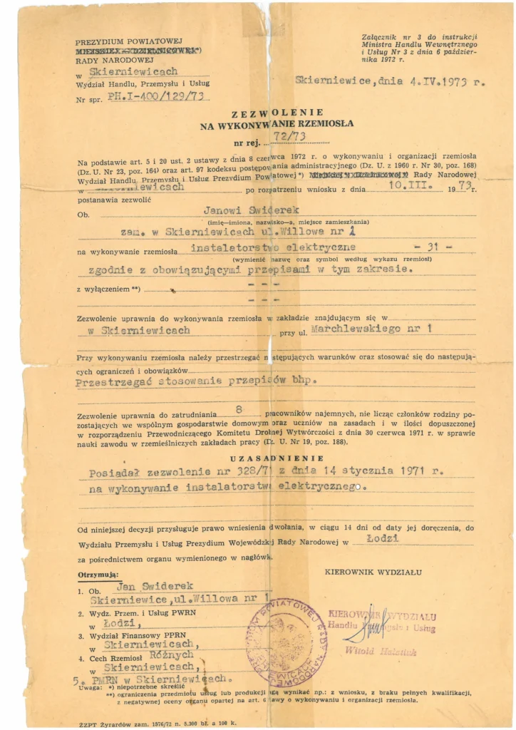 Zezwolenie na wykonywanie rzemiosła wydane Janowi Świderkowi 4 kwietnia 1973 roku